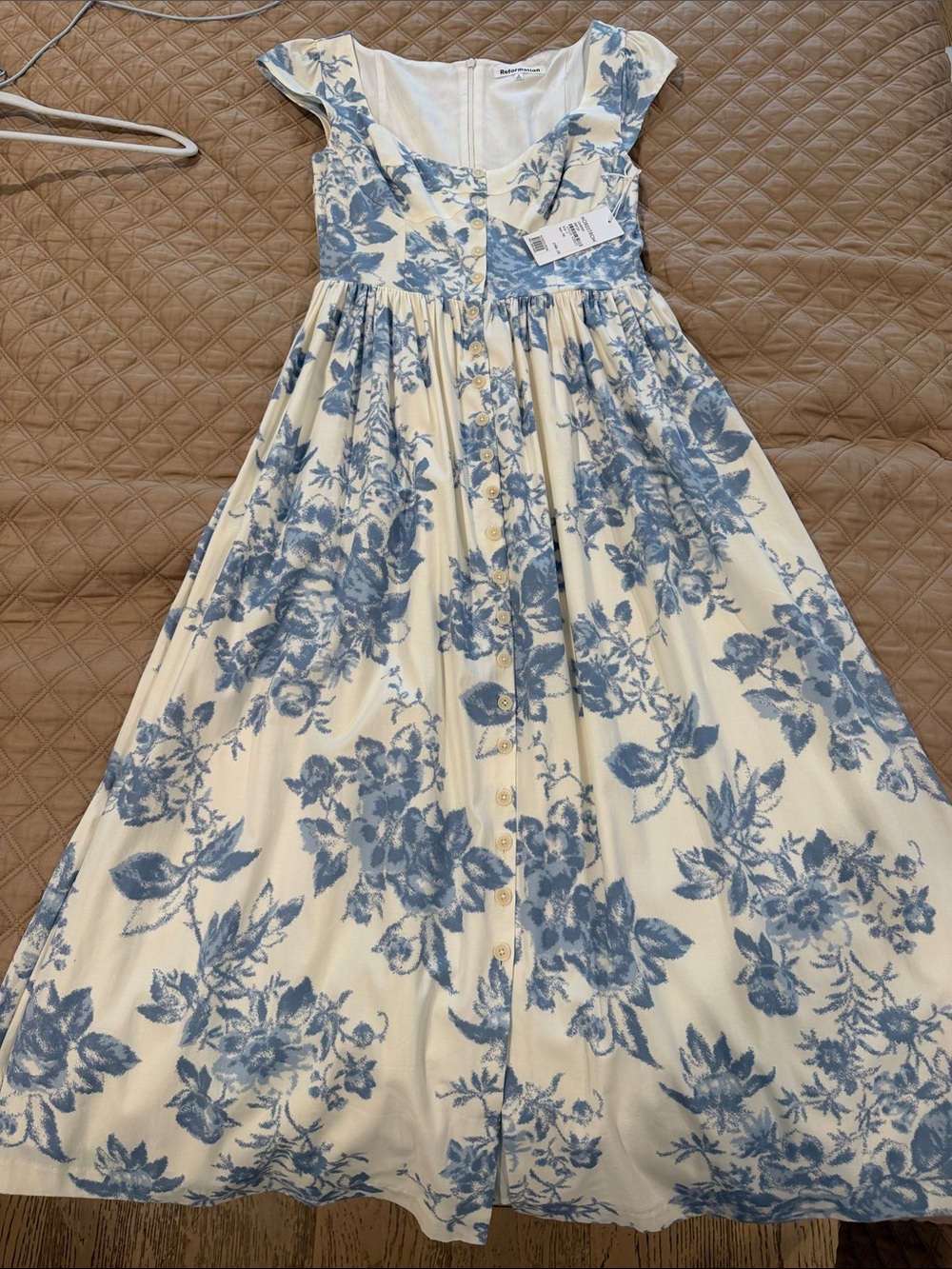 Reformation Cream Dress with Blue Floral Print